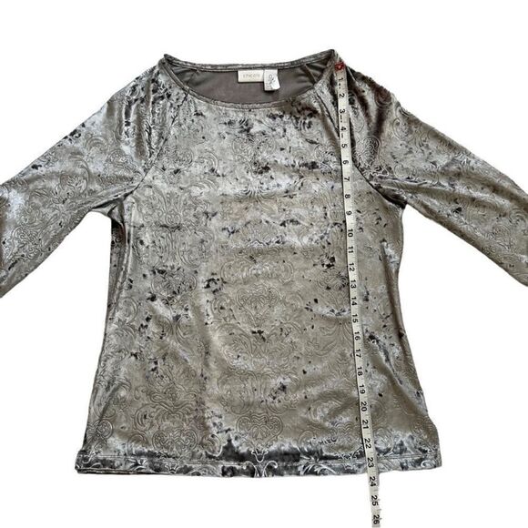 Chico’s Velvet Floral Swirl 3/4 Sleeve Fitted Split Hem Top Green Size Small - Picture 9 of 10